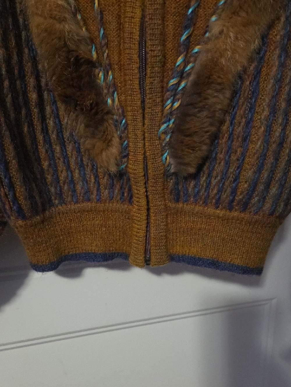 Embellished Brown Knit Zip Up Sweater with Fur Trim. - Picture 13 of 15